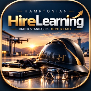 Hamptonian HireLearning icon: a hard hat and safety glasses at sunrise with the words Higher Standards. Hire Ready.